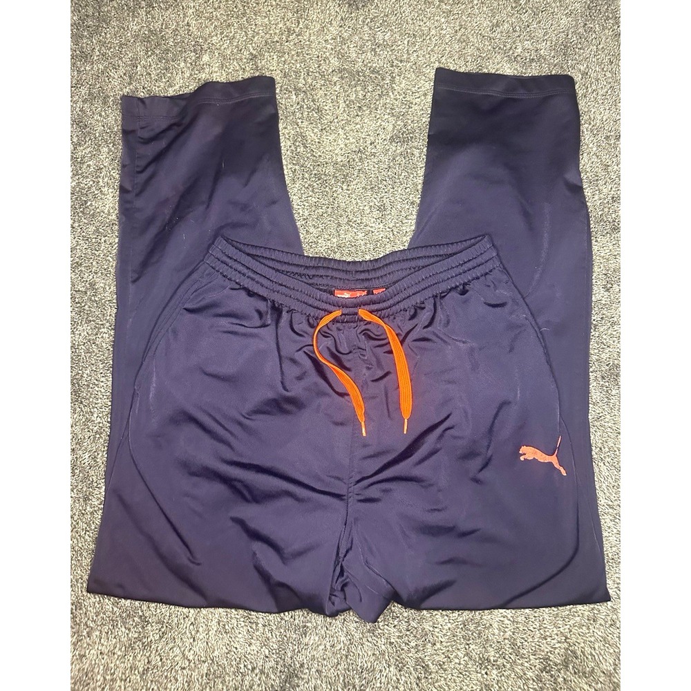 Puma Mens Medium Track Pants Navy Blue Orange Logo Drawstring Athletic Training